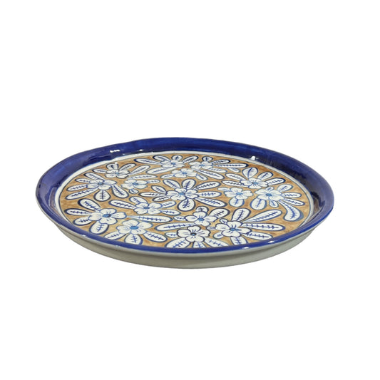 Blue Pottery Platter Hand Made Platter - Beige Flower Design