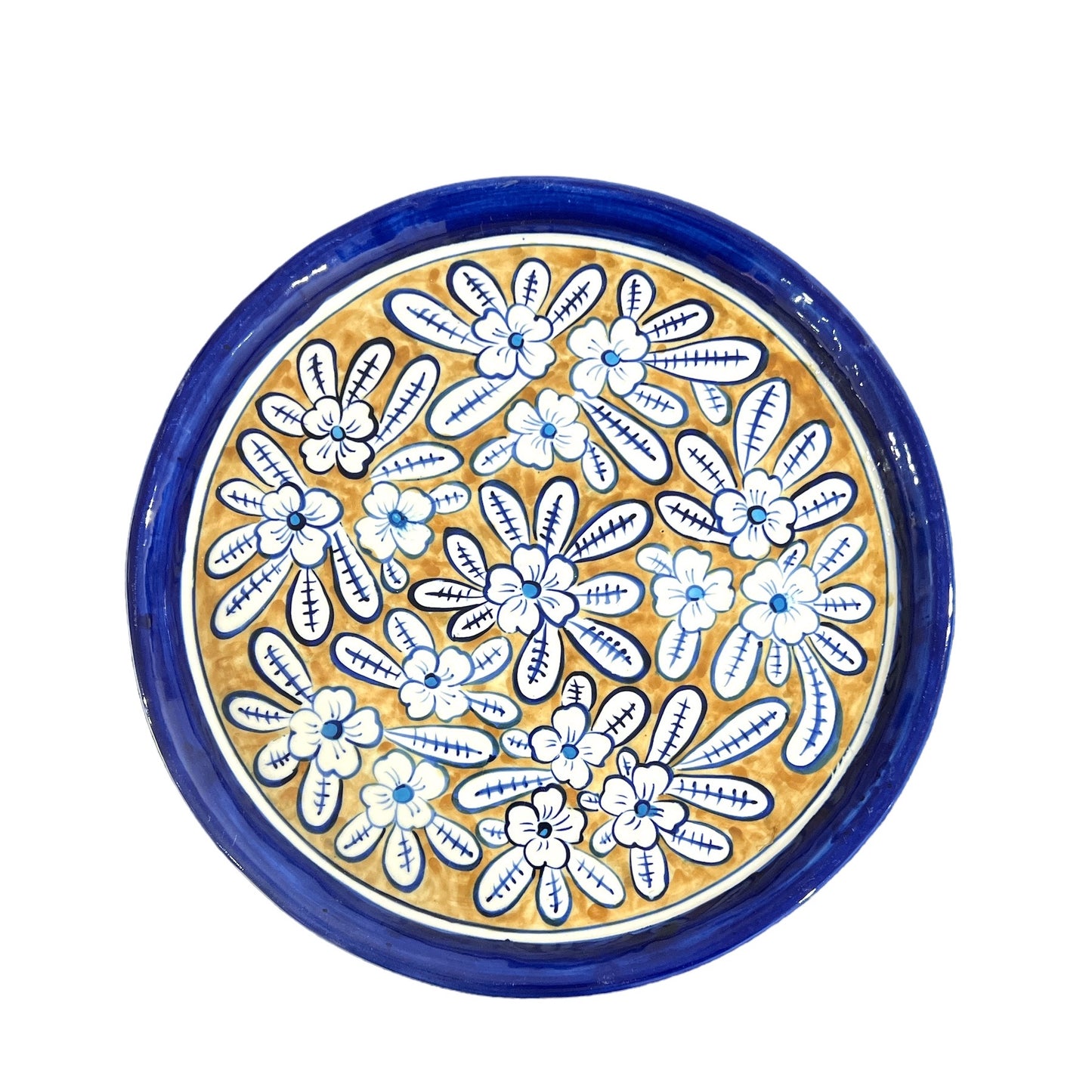 Blue Pottery Platter Hand Made Platter - Beige Flower Design