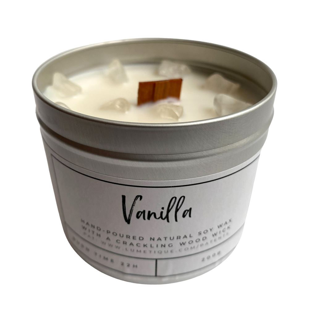 Vanilla tin candle with Clear Quartz