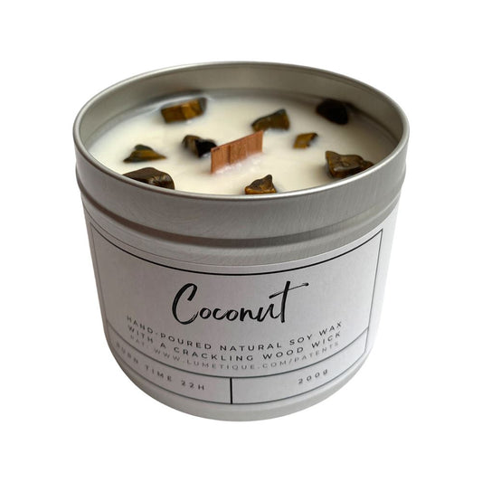 Coconut tin candle with Tiger's Eye