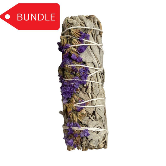 Purple sinuata and white sage 4" smudge stick bundle - 100 units