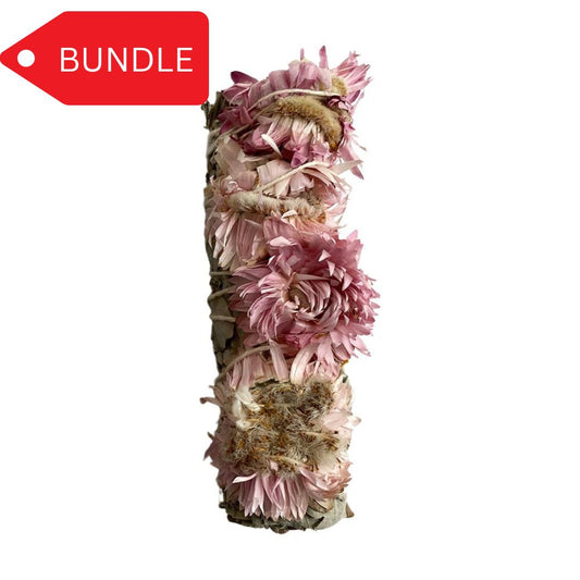 Pink sunflower and white sage 4" smudge stick bundle - 100 units