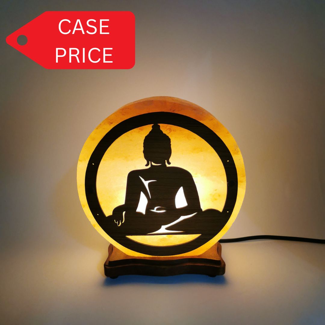 Salt lamp with buddha wooden carving (pink) - Case of 4
