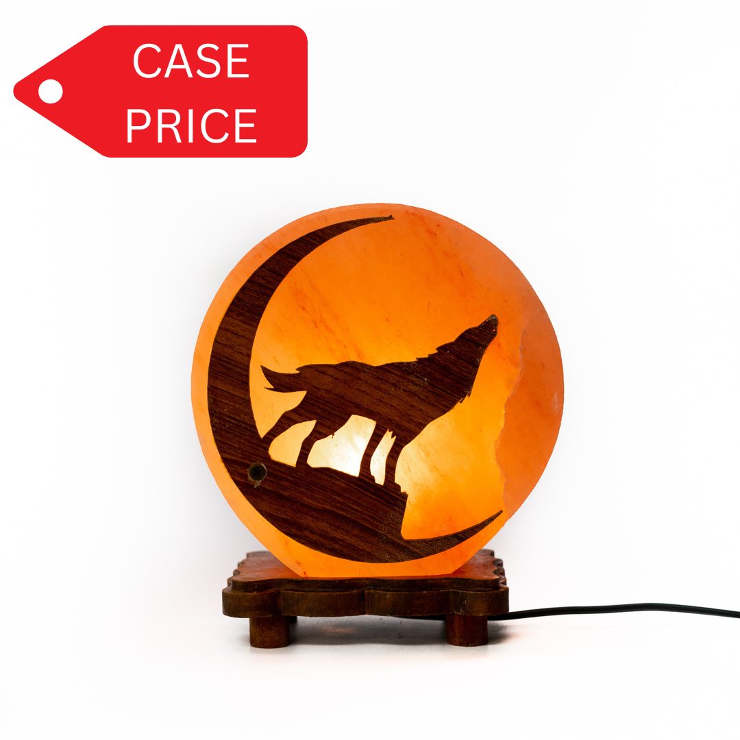 Salt lamp with wolf wooden carving (pink) - Case of 4