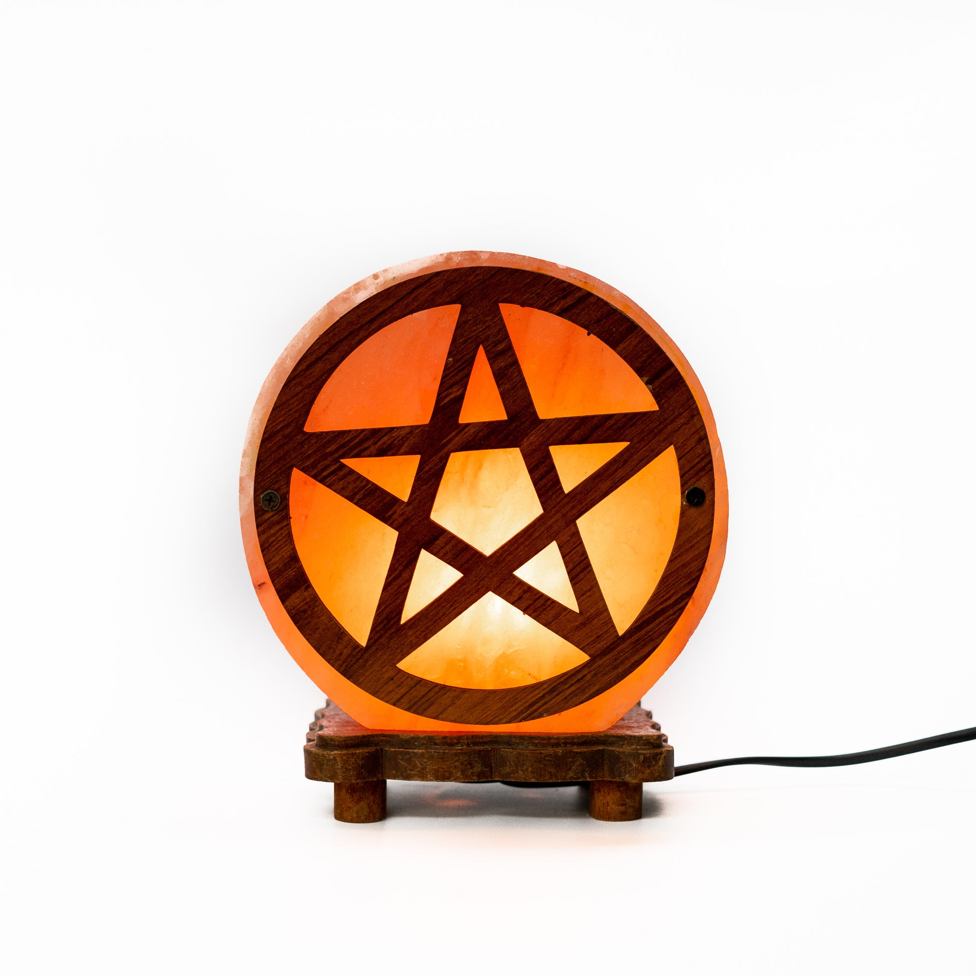 Salt lamp with pentagram wooden carving (pink)