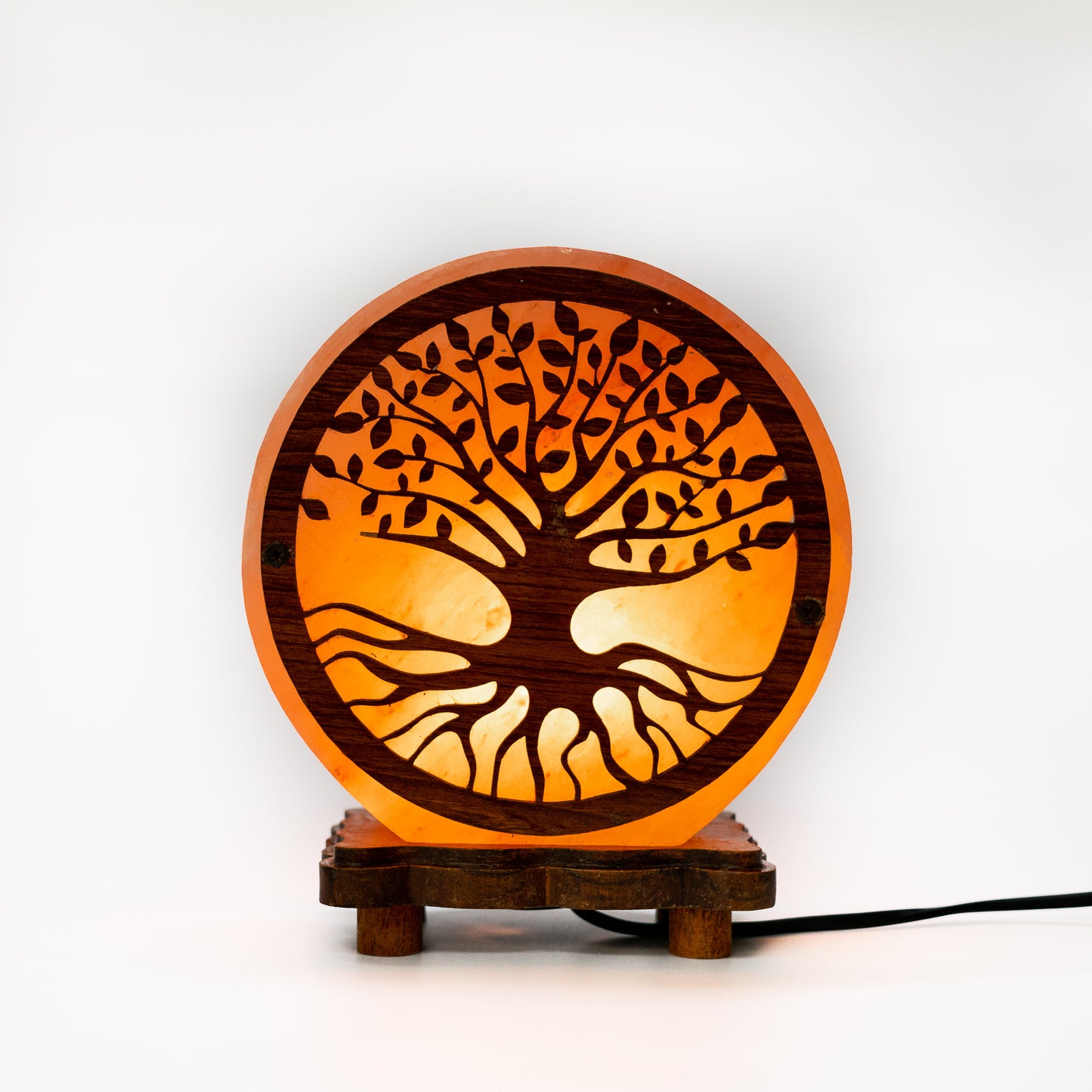 Salt lamp with tree of life wooden carving (pink)